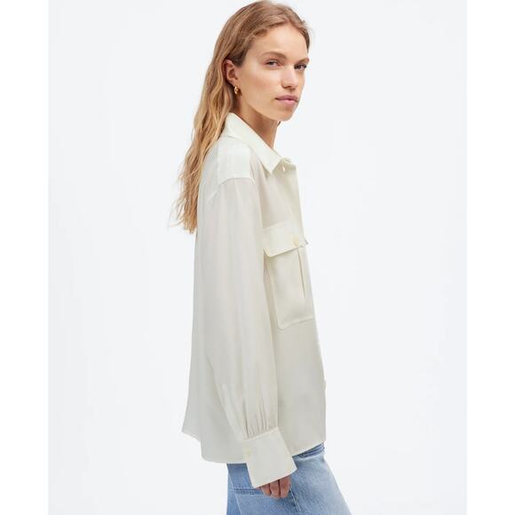 Madewell Silk Utility-Pocket Button-Up Shirt WMNS S Cream Long Sleeve Oversized - Picture 3 of 11